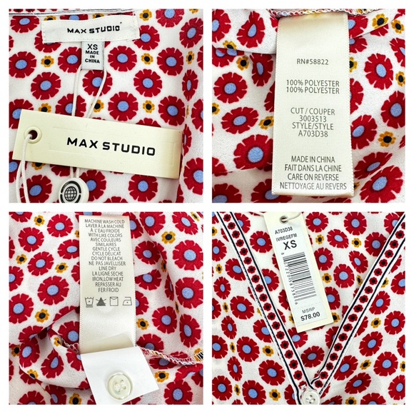 Max Studio Ivory Red Blue Geometric Print V-Neck Button Front Half Sleeve Blouse - Picture 8 of 13